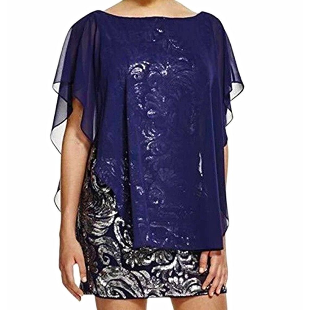 Laundry by Shelli Segal Navy Metallic Sheath Cape Holiday Cocktail Dress 4